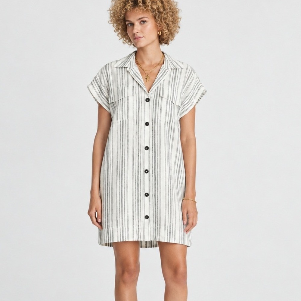 Madewell Mini Shirtdress Women S Linen Stripe Utility Coastal Nautical Boho Chic